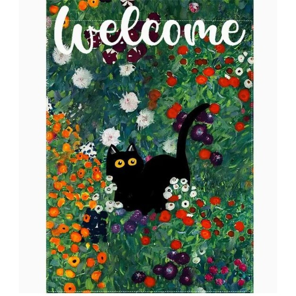 Garden Flag 12x18in Double-sided Burlap Welcome Black Cat